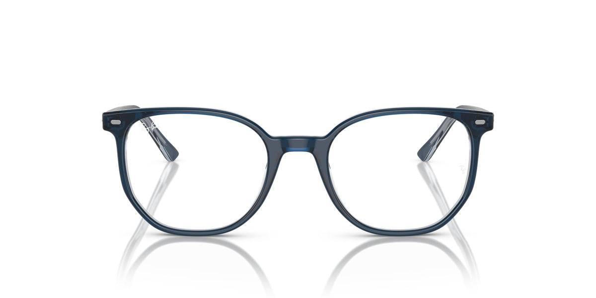 Prescription eyeglass frames, deep blue full-rim with clear demo lenses, front view