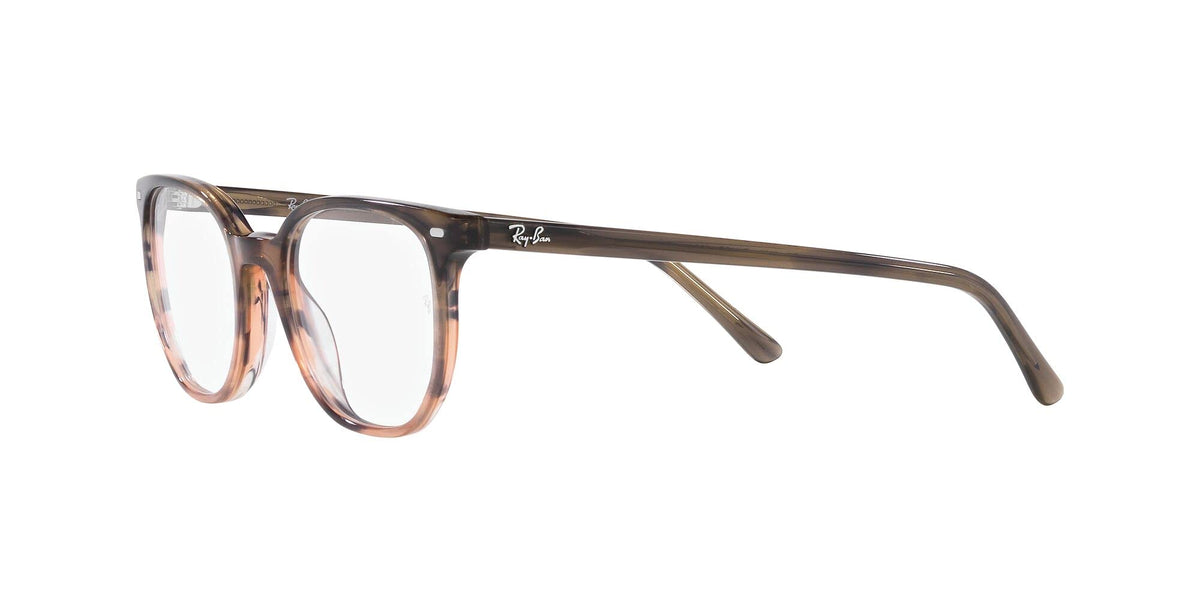 Ray-Ban prescription eyeglass frames, brown tortoise, front-right angle view, full-rim
