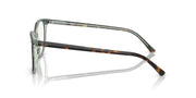 Prescription eyeglass frames, dark frame with multicolor speckled temples, clear demo lenses, side view