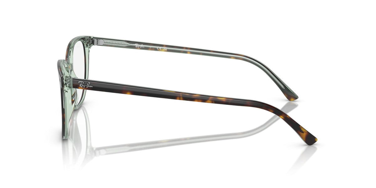 Prescription eyeglass frames, dark frame with multicolor speckled temples, clear demo lenses, side view