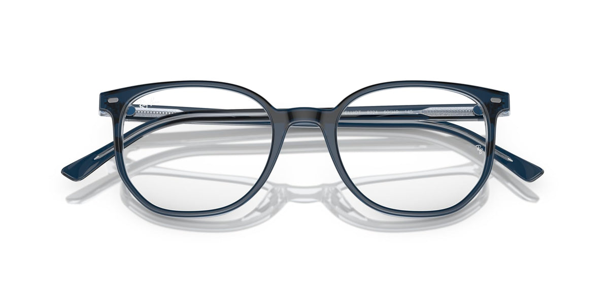 Ray-Ban RX5397 prescription frames, navy top bar and blue translucent round lenses