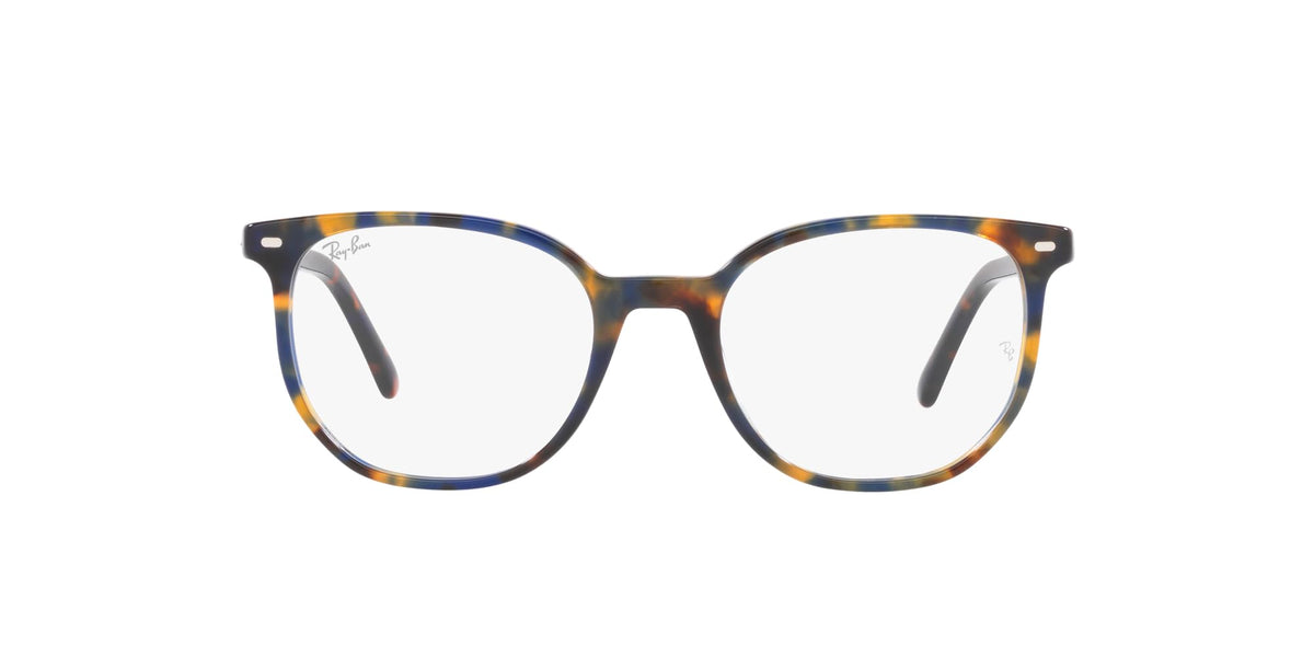 Ray-Ban RX5397 prescription frames, dark blue and amber tortoise full-rim with round lenses