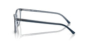 Prescription eyeglass frames, deep blue full-rim with clear demo lenses, side view