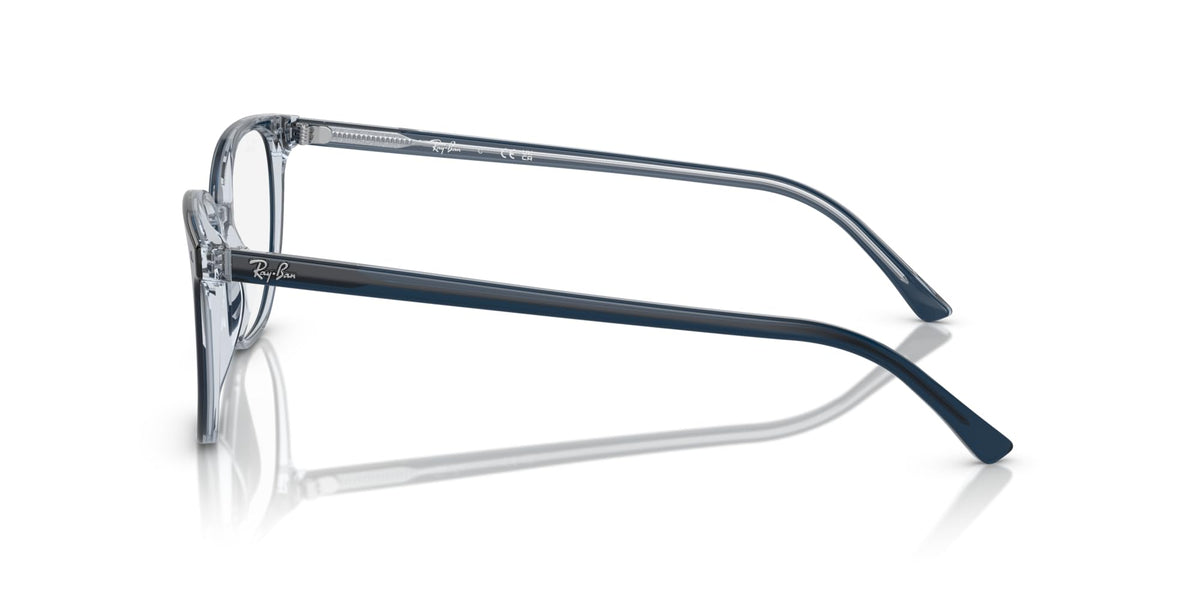 Prescription eyeglass frames, deep blue full-rim with clear demo lenses, side view