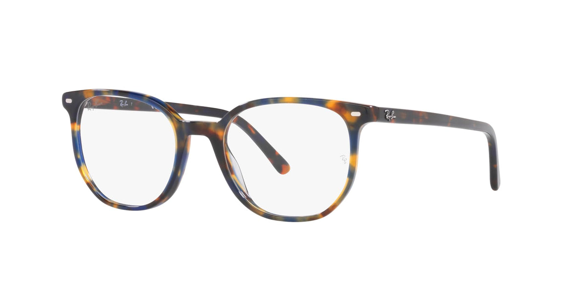 Ray-Ban RX5397 prescription frames, tortoise full-rim with dark blue top accents and round lenses