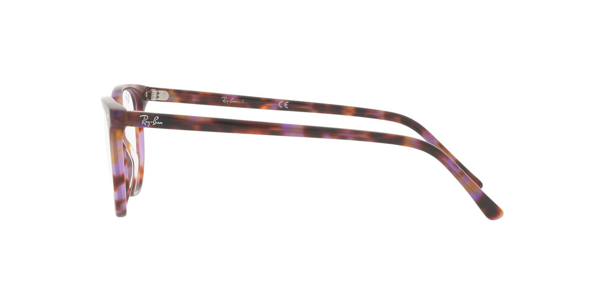 Ray-Ban prescription eyeglass frames, brown tortoise, left-side profile view, full-rim