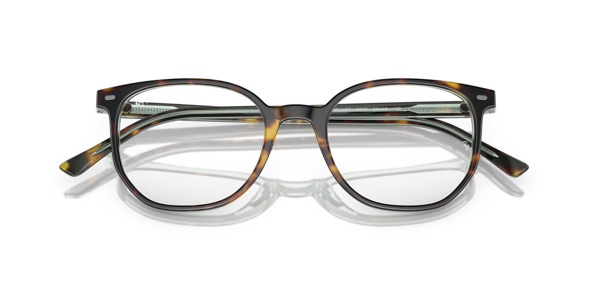 Prescription eyeglass frames, black full-rim with striped brown gradient temples, clear demo lenses