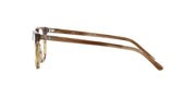 Prescription eyeglass frames, brown acetate full-rim with clear demo lenses, side view