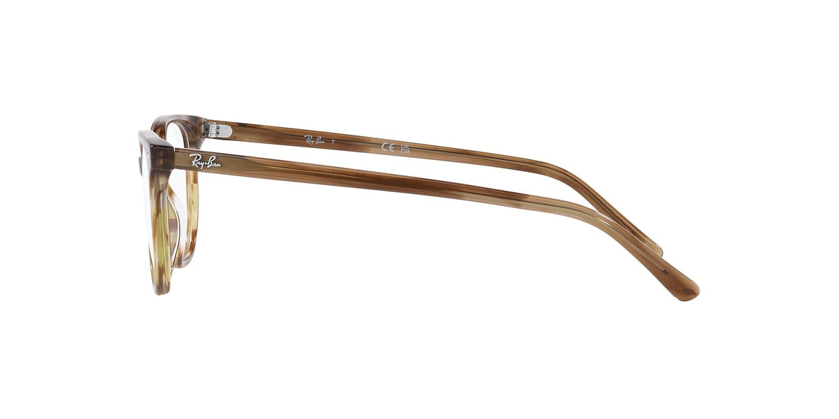Prescription eyeglass frames, brown acetate full-rim with clear demo lenses, side view