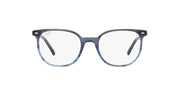 Prescription eyewear frames in dark blue with clear lenses and angled temple arms