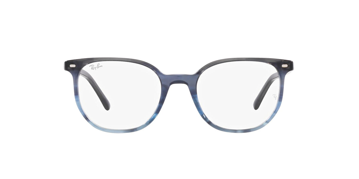 Prescription eyewear frames in dark blue with clear lenses and angled temple arms
