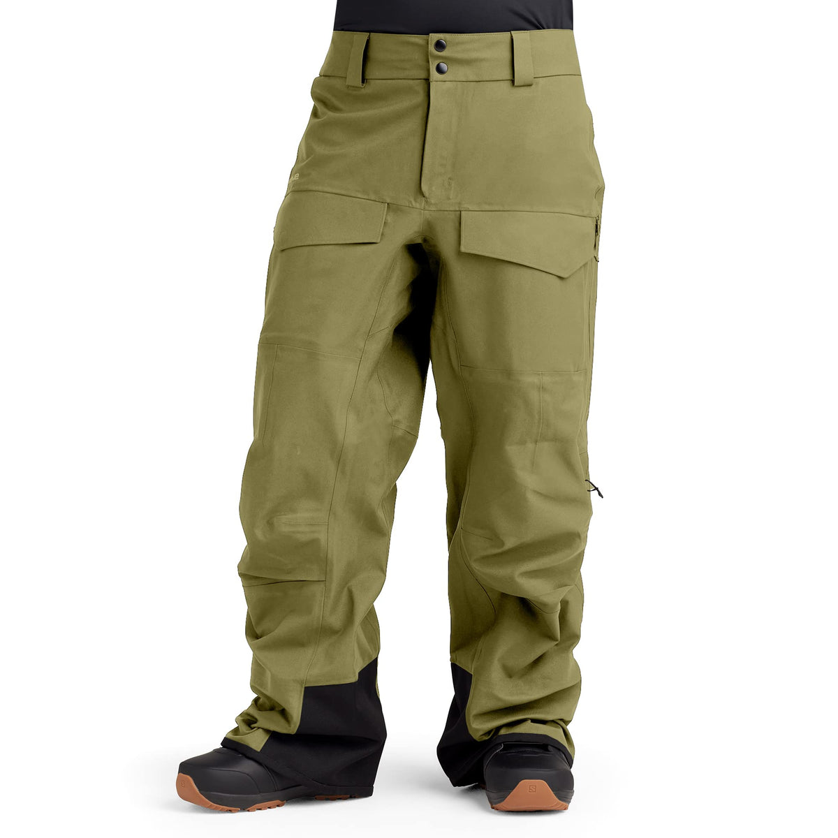 Men's olive outdoor pants with cargo pockets and dark cuff panels