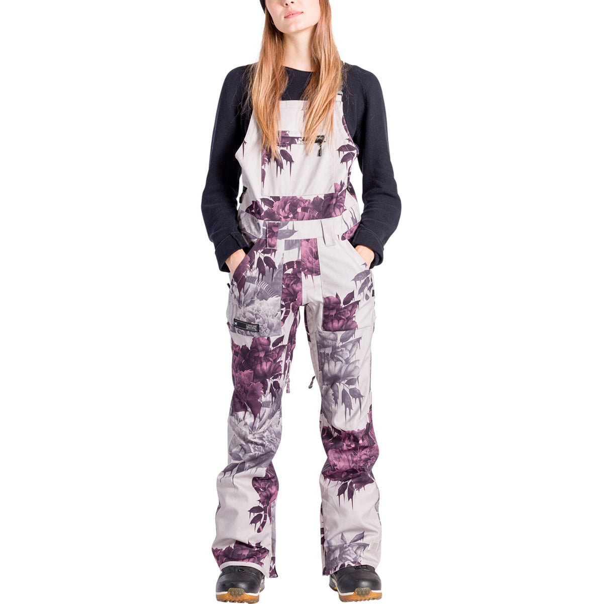Women’s printed snowboard shell bib overalls with adjustable straps