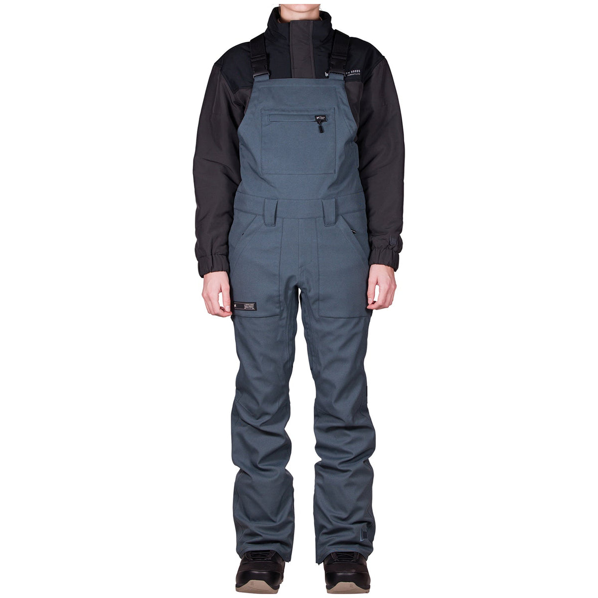 Women’s slate snowboard shell bib overalls with front pockets and adjustable straps