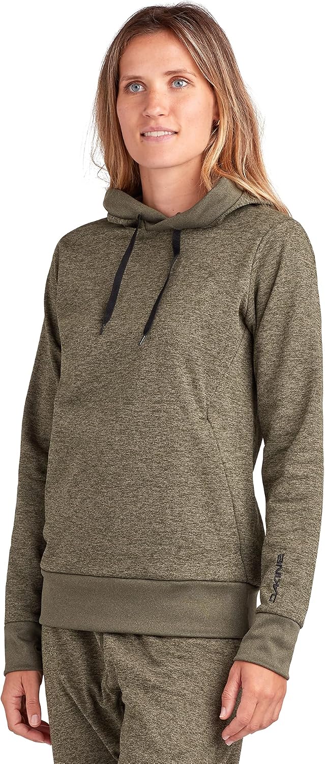 Lightweight women's hoodie in dark green with hood, drawstring, and front kangaroo pocket