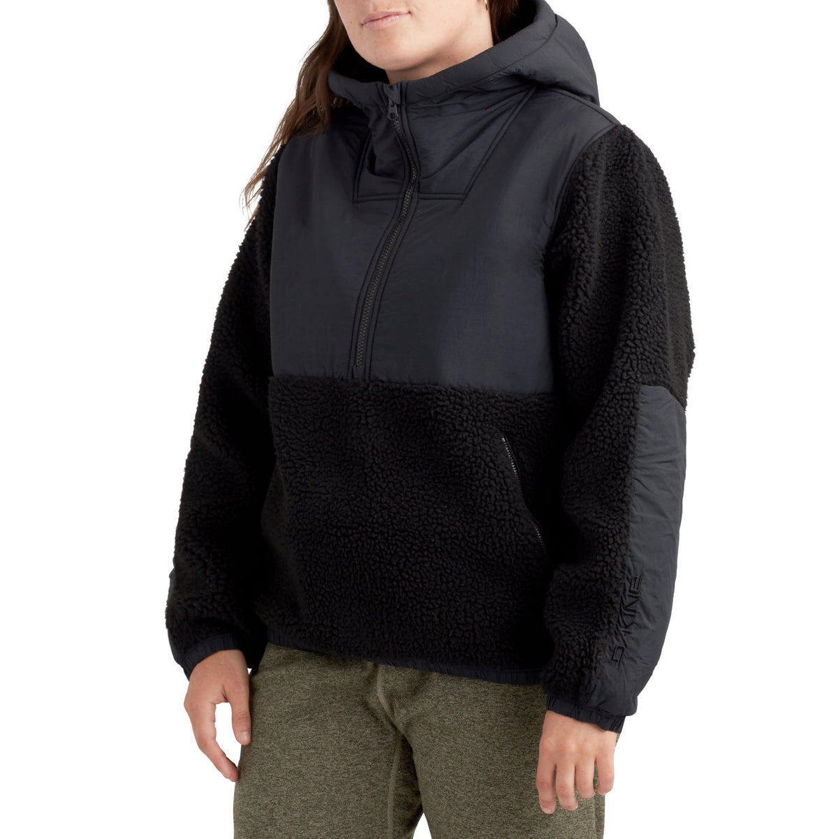Women’s black sherpa fleece hoodie with front zip and kangaroo pocket
