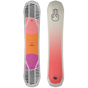 Bataleon women’s snowboard with red, pink, and purple graphics and binding icons