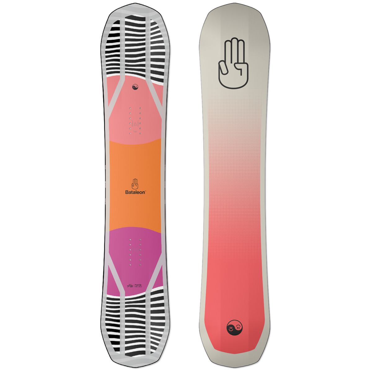 Bataleon women’s snowboard with red, pink, and purple graphics and binding icons