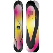 Bataleon Thunder snowboard with pink, purple, and yellow gradient topsheet; black edges