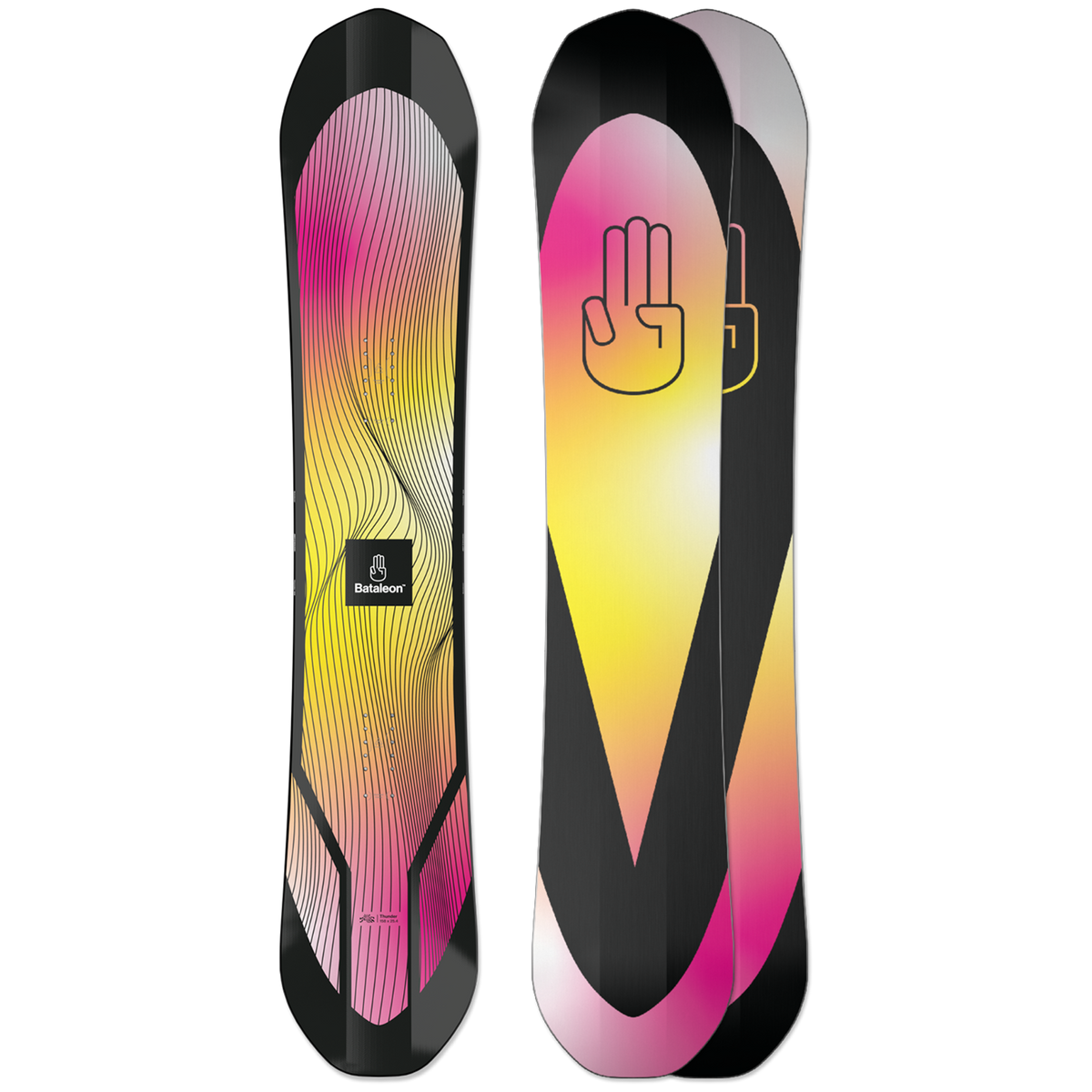 Bataleon Thunder snowboard with pink, purple, and yellow gradient topsheet; black edges