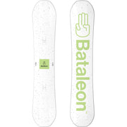 White snowboard deck with green Bataleon logo and speckled pattern