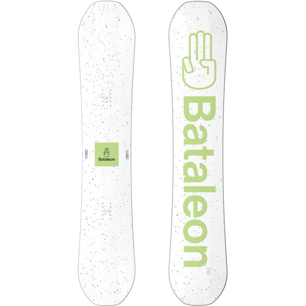 White snowboard deck with green Bataleon logo and speckled pattern