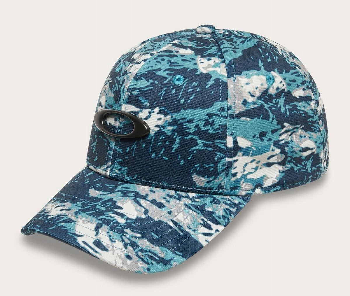 Oakley Tincan cap in blue-and-white camo, curved brim, side eyelet detail