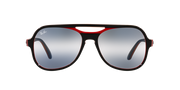 Black round sunglasses with blue-gray gradient lenses and red accents