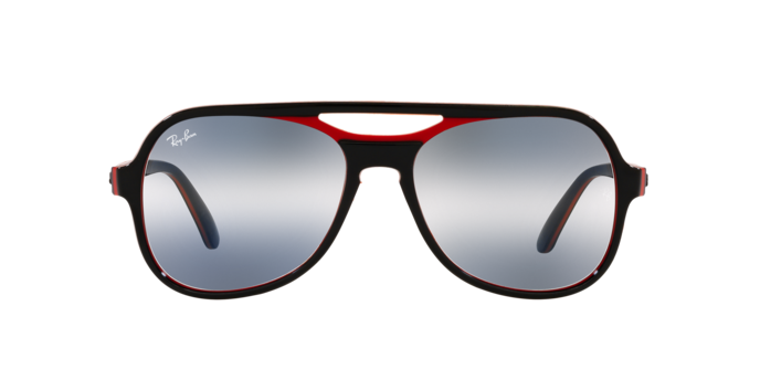 Black round sunglasses with blue-gray gradient lenses and red accents