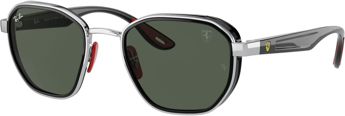Ray-Ban round sunglasses with silver-tone frame and dark green lenses, metal temples