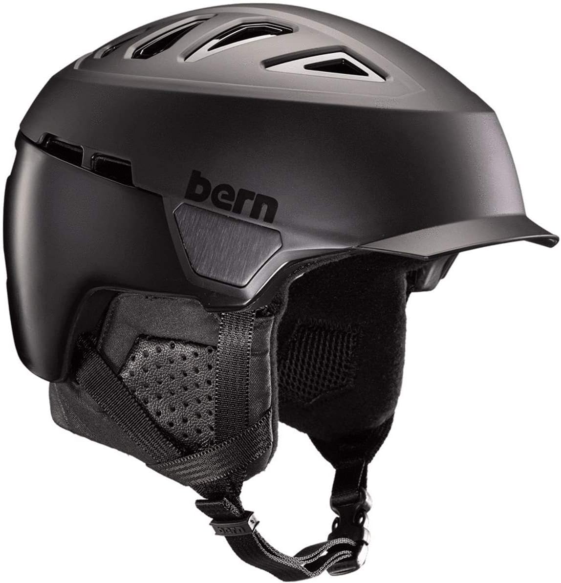 Bern Heist brim snow helmet, satin black with chin strap and vented shell
