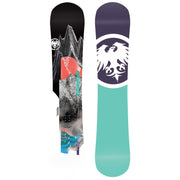 Women’s snowboard pair with graphic decks, black and purple tops with mint bases