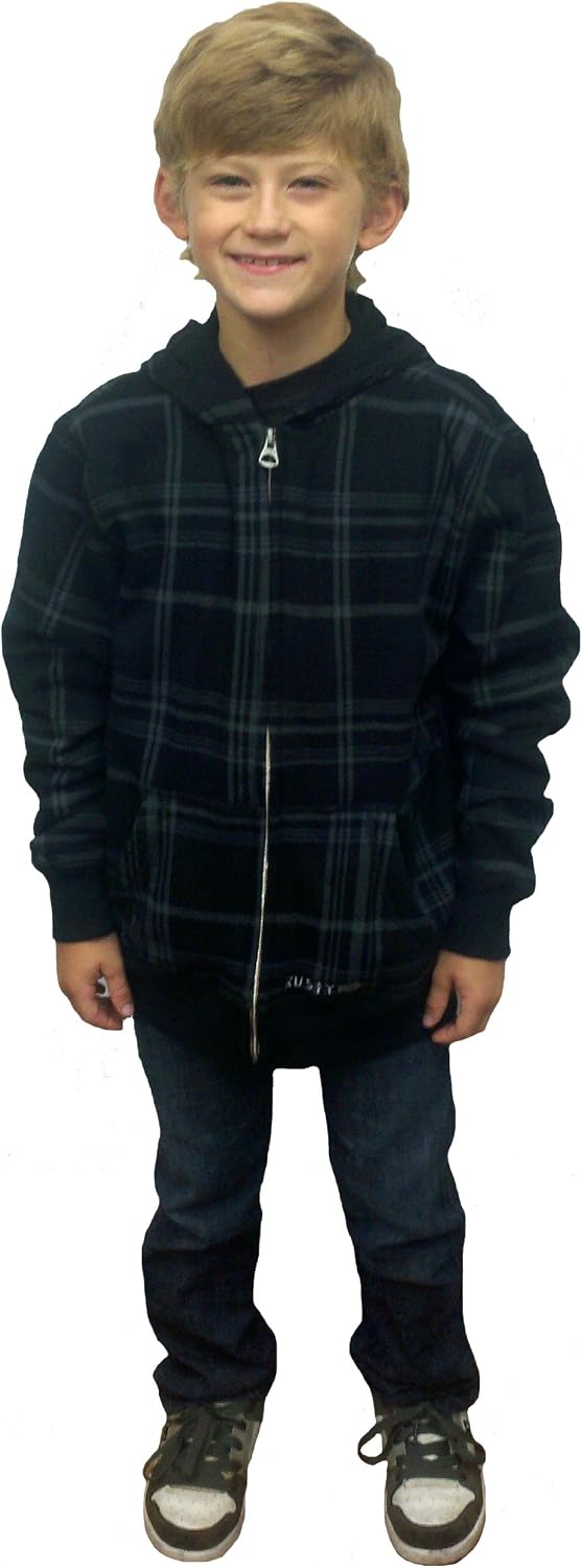 Black zip-up hoodie with hood and front zipper, plaid shirt underneath