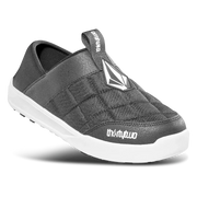 Men's black slip-on skate shoes with padded collar, logo patch, and white rubber sole