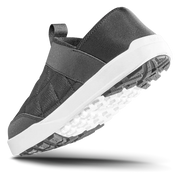 Men's black slip-on shoes with quilted upper, padded heel strap, and textured white outsole