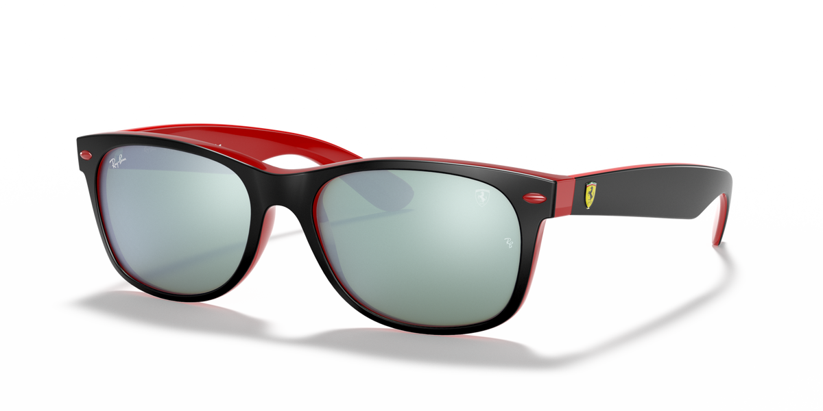 Ray-Ban Ferrari Wayfarer sunglasses with red frame, black accents, mirrored green lenses