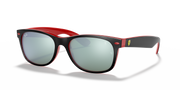 Ray-Ban Ferrari Wayfarer sunglasses with red frame, black accents, mirrored green lenses