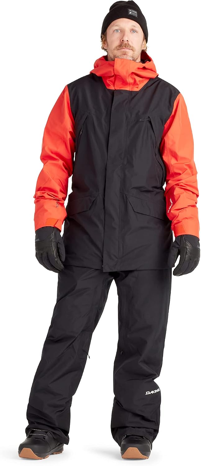 Men's Gore-Tex 2L snow jacket with red sleeves, black hooded shell and full zip