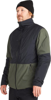 Men's insulated winter jacket with hood, zip front, black with green panels