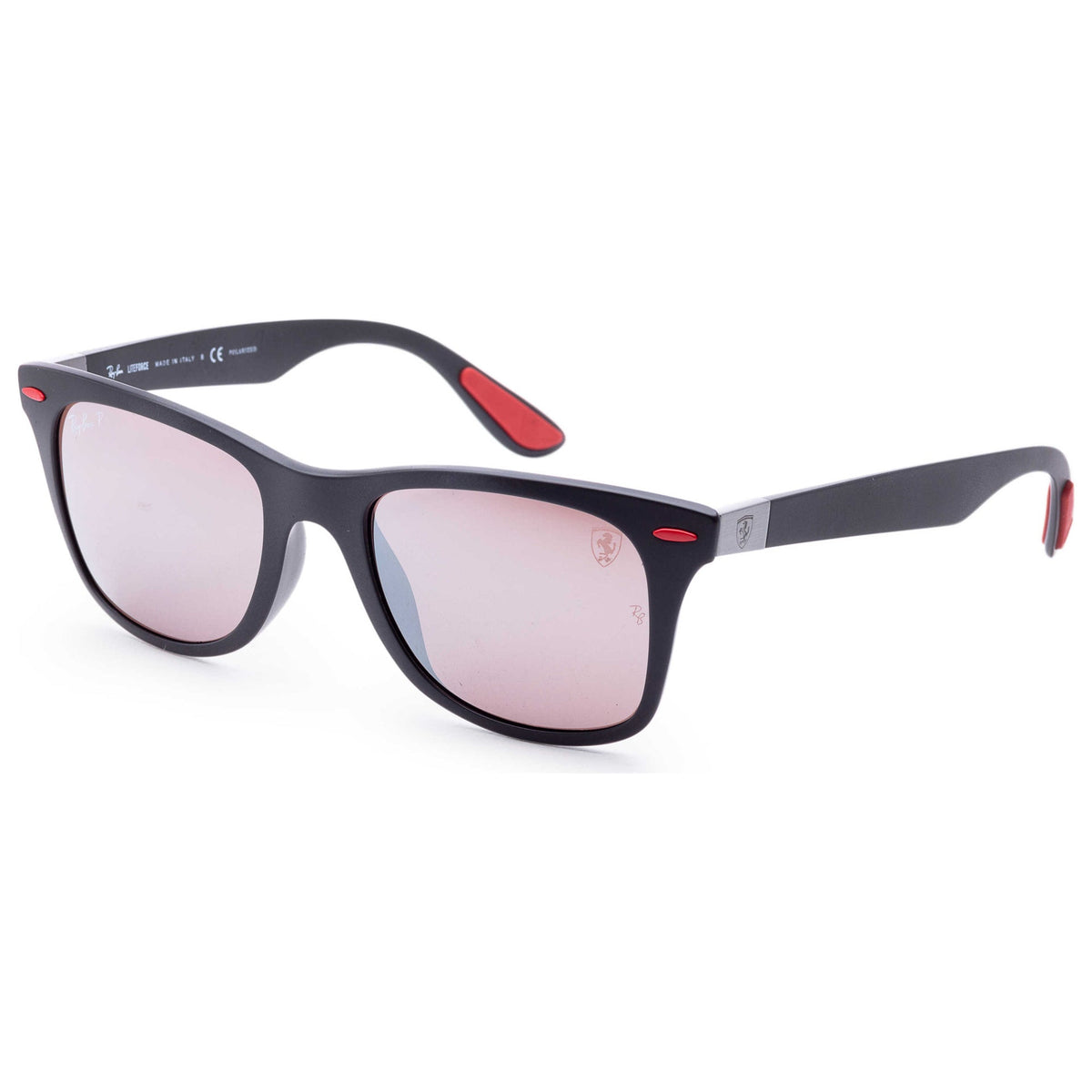 Matte black square sunglasses with pink mirrored lenses and red temple accents