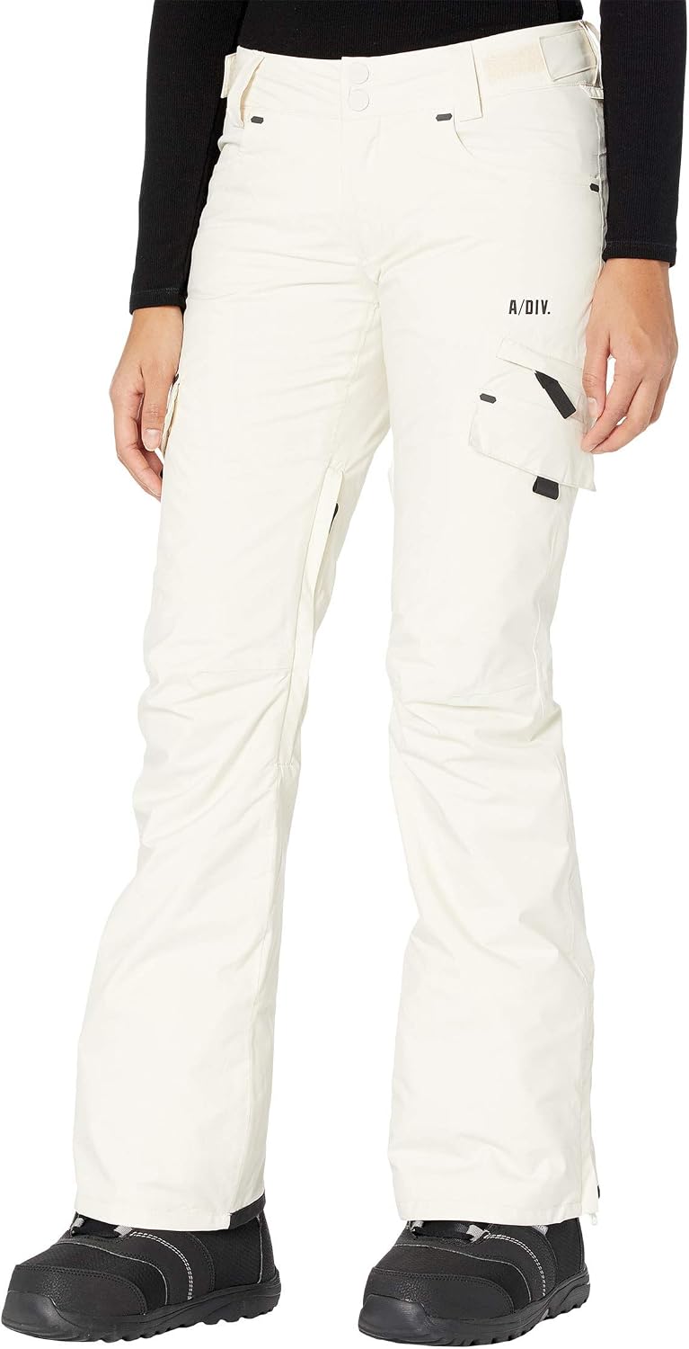 Women's white snow pants with side cargo pocket and reinforced leg hems