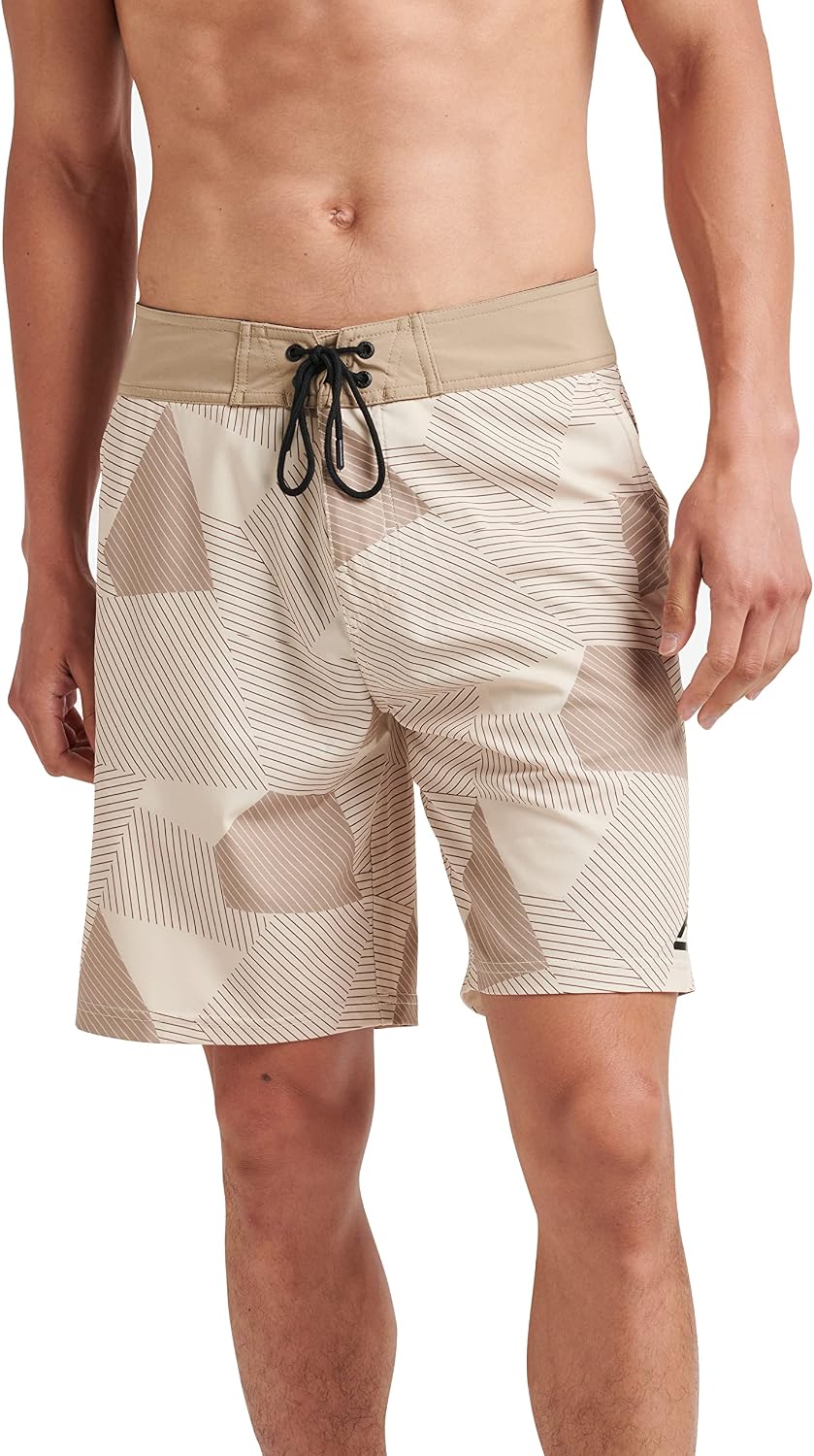 Men's 19-inch boardshorts, geometric pattern with black drawcord and side pockets