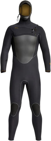 Men's hooded 5/4mm full wetsuit in dark black with front zipper and chest panel