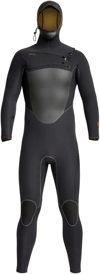 Men's hooded 5/4mm full wetsuit in dark black with front zipper and chest panel