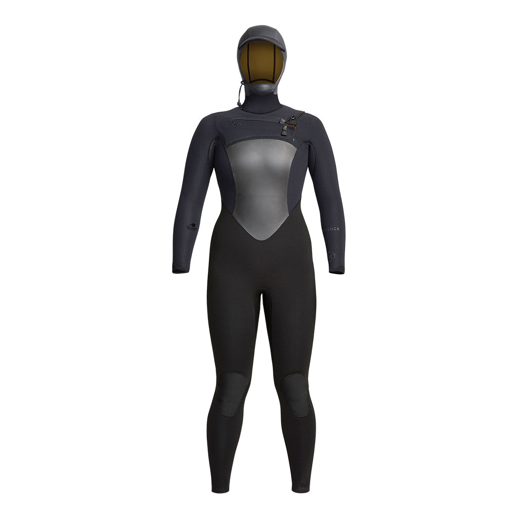Black hooded full wetsuit with smooth paneling and long sleeves