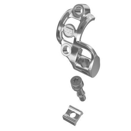 Left 2-bolt split-clamp mount hardware, silver metal bracket and bolts