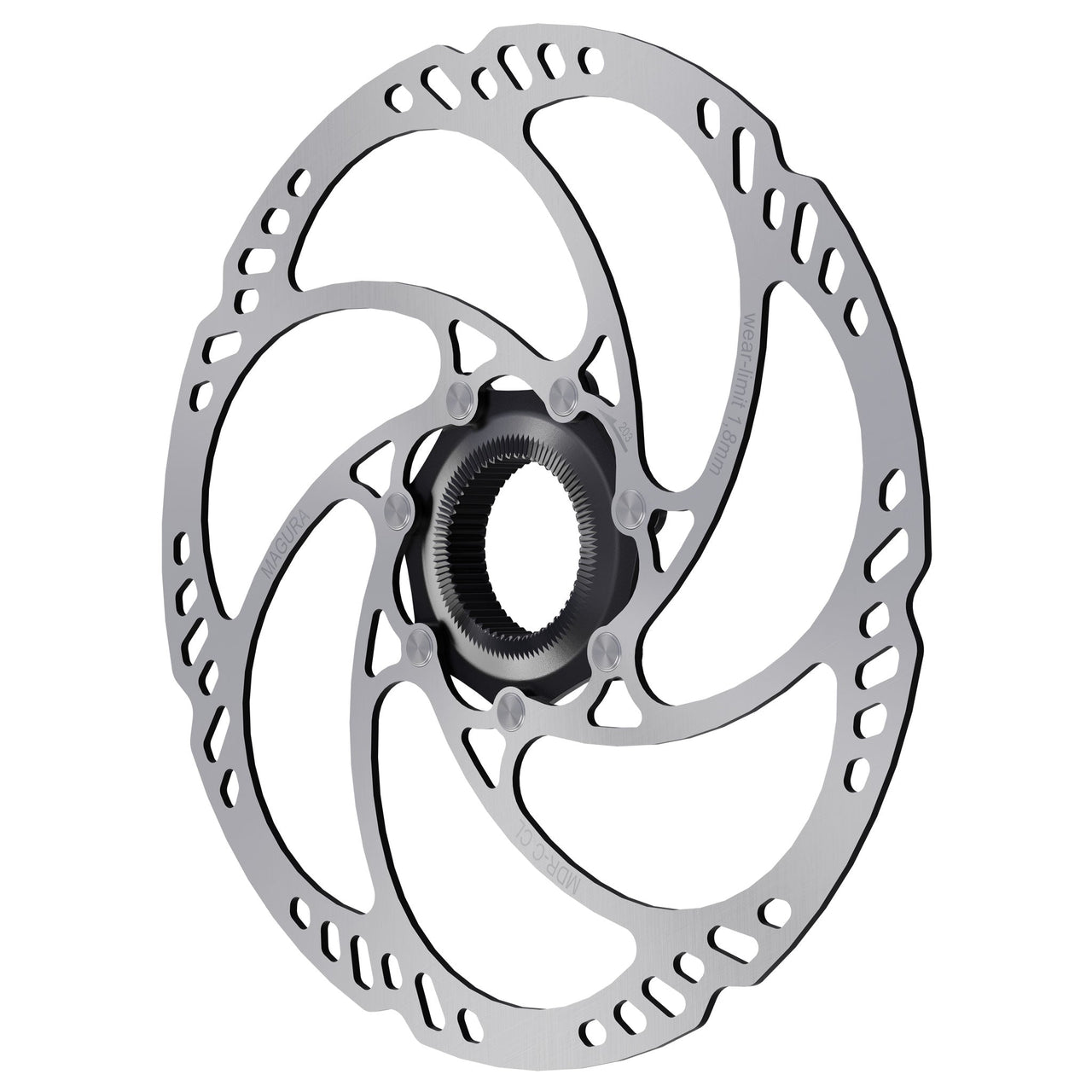 Silver 203mm center-lock disc brake rotor with perforated braking surface and lock ring