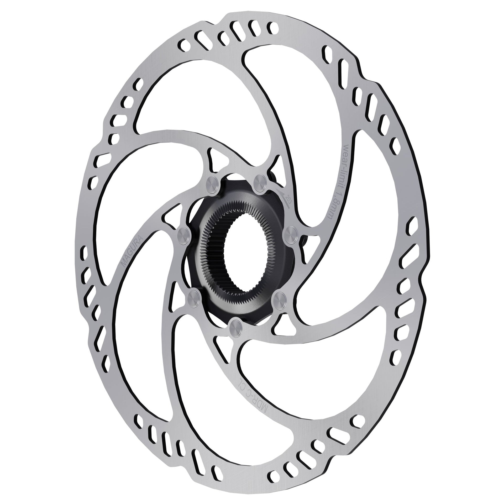 Silver 203mm center-lock disc brake rotor with perforated braking surface and lock ring