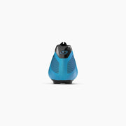 Light blue cycling shoe heel view with black interior and rear tread