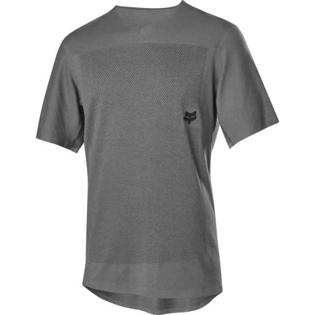 Grey short-sleeve jersey with crew neck and small Fox logo on chest